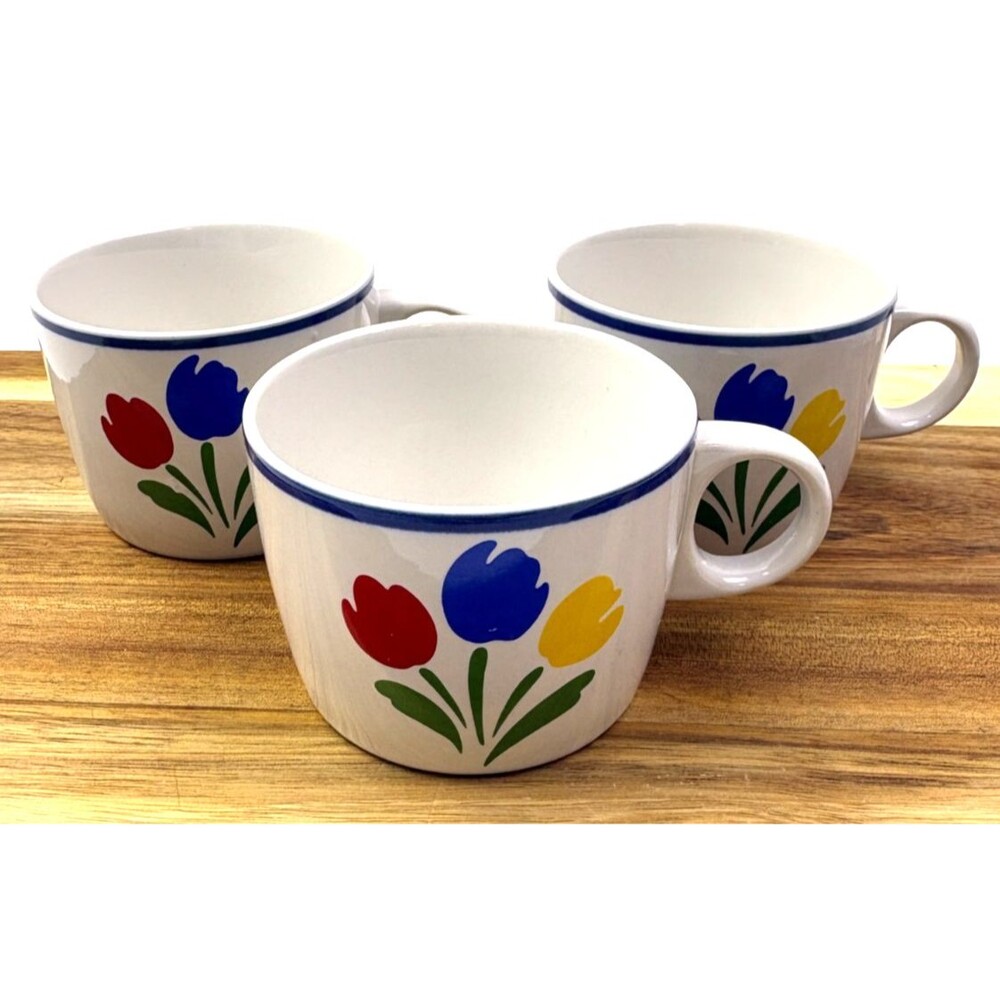 VTG 1985 Tulip Tyme Floral Stoneware Mug Set 3 Country Cottage Folk Art